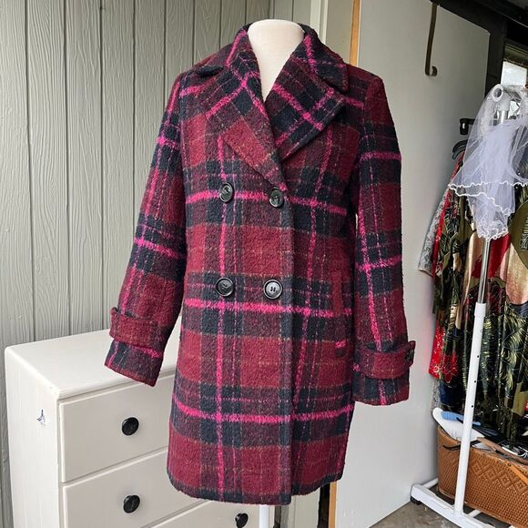 Sam Edelman Pink Red Plaid Coat | Wool Blend Double Breasted Peacoat - Picture 1 of 12
